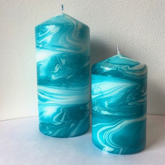 Turquoise Marbled Pillar Candle.