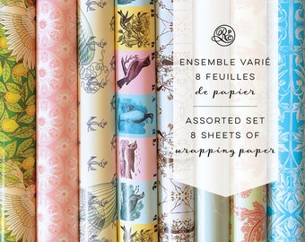 Assorted set of 8 wrapping sheets by Rose Papier Ciseaux // Gift Wrapping, Birthday, Wedding, Baby Shower, Anchor, Vintage, Illustration
