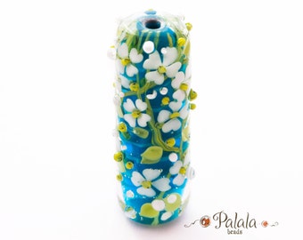 Focal Lampwork Glass Bead with dogwood blossom