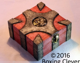 Steampunk Jewellery Box - Metallic style Panels, Red Finish & Watch Parts - 4.7x4.7x2.3 Inches - Keepsake/Trinket/Jewelry FREE DELIVERY UK