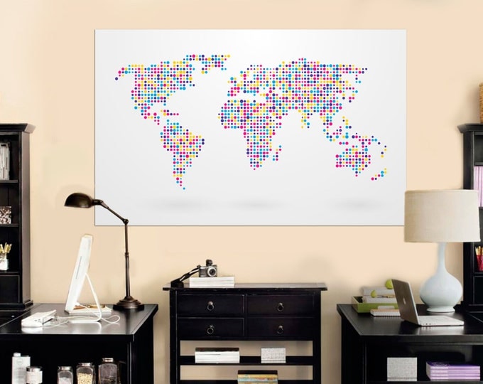 Motley Dotted World Map Canvas Print, Abstract Map wall art, Modern Map \ 1,3,4 or 5 Panels on Canvas Wall Art for Home & Interior design