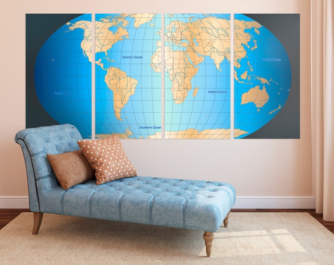Extra Large Wall Art globe travel map With country border, push pin travel map, globe world map canvas, 3 panel push pin map