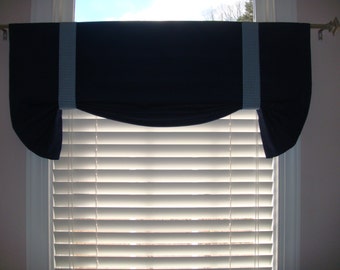Boys Versatile Navy Canvas Room Tie up Valance, Checked Classic Bedroom, Window Treatment