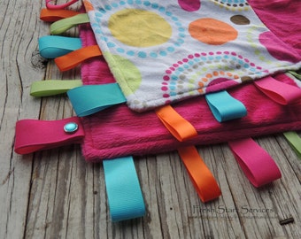 Bright Pink Blanket, Ribbon Sensory Blanket, Minky Blanket, Taggie, Lovey