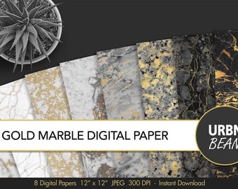Marble Digital Paper. Black and White and Gold Marble Wallpaper Background, Digital Marble Pattern. Marble Texture. Printable.