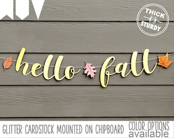 Hello Fall banner, fall banner, thanksgiving decorations, gold glitter party decorations, cursive banner