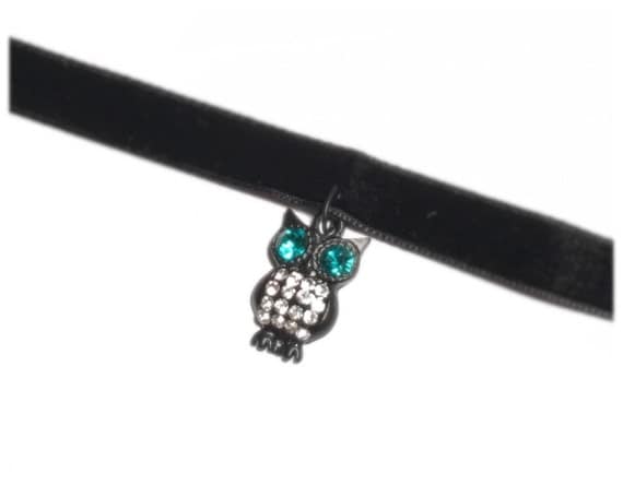 Black Velvet | Black | Matte Black | Turquoise Owl Charm | Rhinestones | Owls | Perfect for Halloween | DARK OWL
