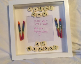 First Day Of School Frame, new school, wall art, shadow box art, scrabble tiles, new school gift, first day at nursery, first day gift.