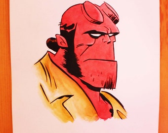 Hellboy comics ink and watercolour drawing
