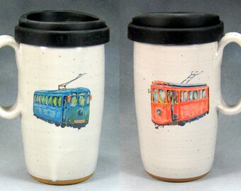 Coffee Mug 16 - 18 oz Ceramic Travel Mug With Lid /Ceramic Coffee Cup Pottery Travel Mug Blue and Red Trolley Car Hand Thrown Stoneware