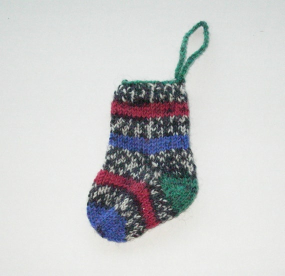 Mini Striped Stocking Ornament Hand Knit in Red Green Blue
