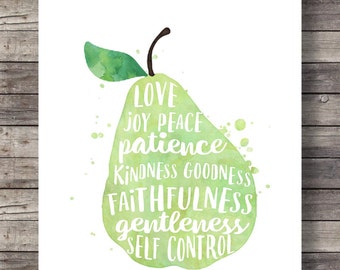 Galatians 5:22 | Fruit of the Spirit | Pear watercolor | typography Scripture print | Printable | fruit art print | Bible verse wall art