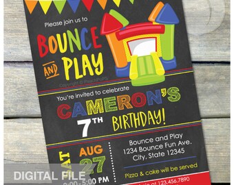 Bounce and Play Bounce House Birthday Chalkboard Invitation Bouncy House Inflatable Jump Party - DIGITAL Printable Invite - 5” x 7”