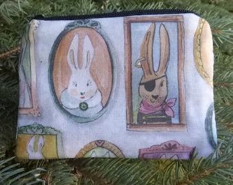 Rabbit coin purse, credit card pouch, stitch marker pouch, Bunny Portraits, The Raven