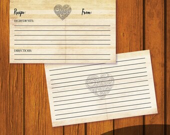 Wedding Recipe Card / Recipe Card / Bridal Shower Recipe Card / Vintage Heart Recipe Card / Instant Download / 3x5 Recipe