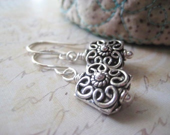 Bali Bead Earrings, Sterling Silver, Ornate Beads, Solid Sterling, Dangle Earrings, candies64, Womens Jewelry