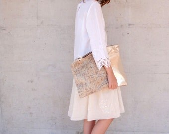 The XL Clutch in Silver Italian Leather and European Wool - 15 Inch Wide