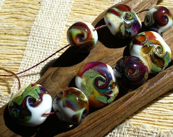 Lampwork beads/glass beads/handmade lampwork/artisan lampwork/sra handmade glass/burgundy/green/lampwork glass beads/organic/