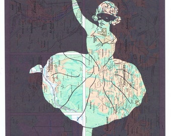Ballerina.dancer.ballet.Collage.Birthday gift,Map Print.Repurposed,art,Book Page,Masked Woman.Paper.home deco.buy 3 get 1 FREE.artist.tutu