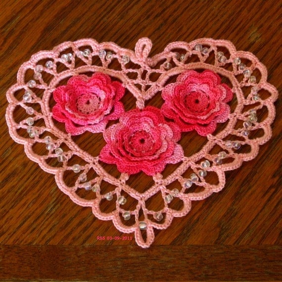 Irish Crochet Heart with 3D Roses - Handmade Made-To-Order - Your Choice of Color - Pink, Red, Yellow, Blue, Purple - Heart Doily or Pendant