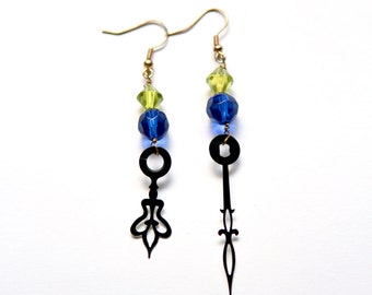 Steampunk Clock Hand Earrings - Vibrant Deep Blue and Lime Green