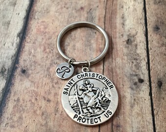 Saint Christopher initial key ring- St. Christopher pendant key chain, Catholic key ring, Saint Christopher keychain, religious charm