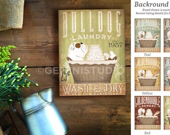 English Bulldog dog Laundry Company basket illustration graphic art on canvas by stephen fowler