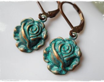 Turquoise rose earrings flower earrings romantic renaissance vintage style jewelry leverback dangle earrings verdigris patina blue green