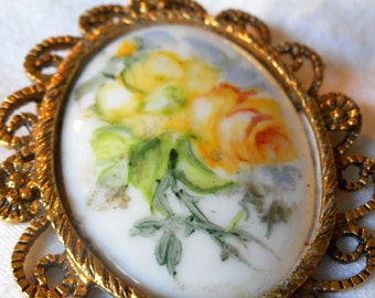 VINTAGE Painted Porcelain Yellow Rose Flower Costume Jewelry Brooch and Pendant