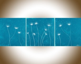 Dandelion painting Turquoise silver wall art original artwork gift for her by qiqigallery