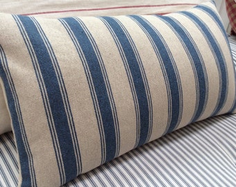 French Cottage Pillow/Ticking Stripe BluE and CReaM/Paris Shabby Chic/Lumber/Throw Pillow/coastal/Industrial