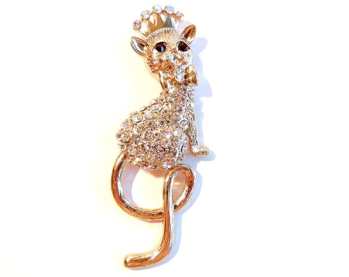 Cat with Crown and Rhinestones Pendant Gold-tone