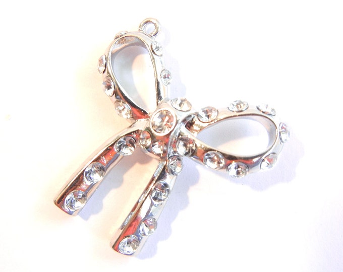 Silver-tone Rhinestone Bow Ribbon Charm Pendant