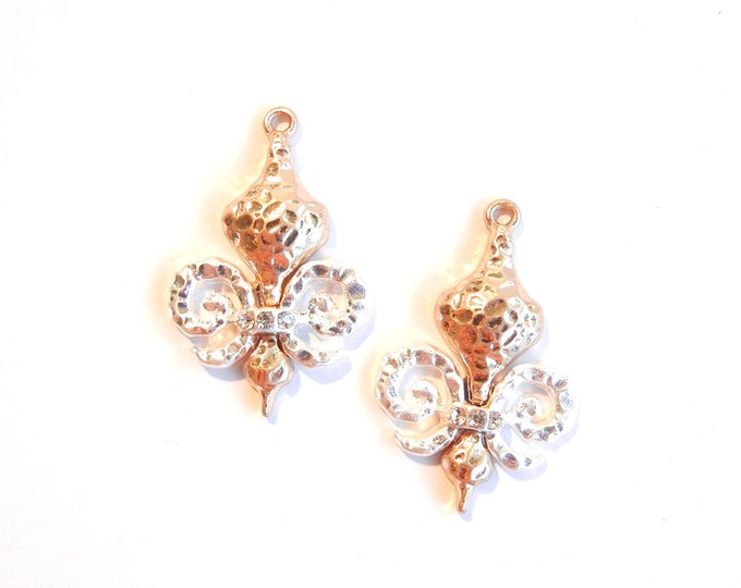 Pair of Two-toned Gold-Silver Hammered Fleur de Lis Charms Row of Rhinestone Accent