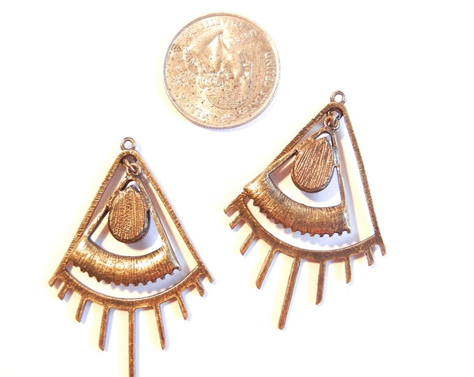 Pair of Antique Gold-tone Triangle Abstract Eye Lash Charms Rhinestones