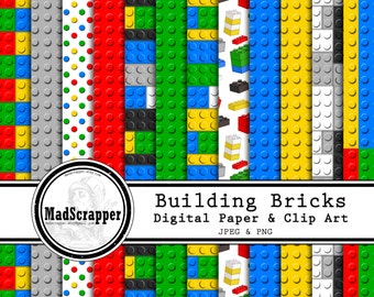 Digital Scrapbook Paper Building Bricks Bold Colors 12 Patterns 5 Solids 12 x 12 Instant Download PLUS Clipart