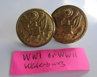 Vintage Buttons - 2 Waterbury WW1 or WW11 large military eagle crested gold metal, Collector, ( oct 342