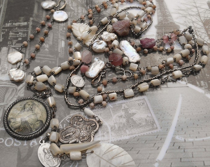 This I Pray Tourmaline & Pink Opal Antique French Cut Beads Rosary Necklace
