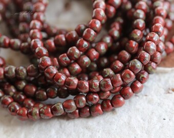 RED BITS .. 50 Picasso Czech Druk Glass Beads 3mm (5034-st)