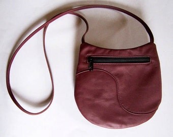 Burgundy Leather Purse - Crossbody Style Festival Bag - Marsala Medium Round Flat Handbag
