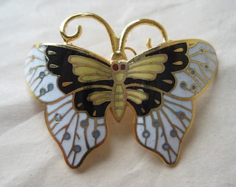 Butterfly Black Yellow White Brooch Gold Enamel Vintage Pin Cloisonné Pendant