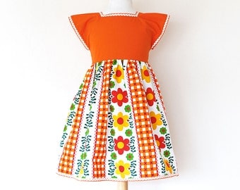 PICNIC girls dress, spring retro dress, toddler dress, floral dress, upcycled dress with vintage fabric, little girl dress, cap sleeve dress