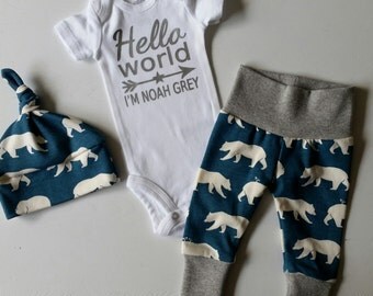 Baby Boy Personalized Name Reveal Coming Home Outfit. Hello World Star. Arrow. Bears. Bring Home Baby Boy Outfit. Boy Coming Home Outfit.