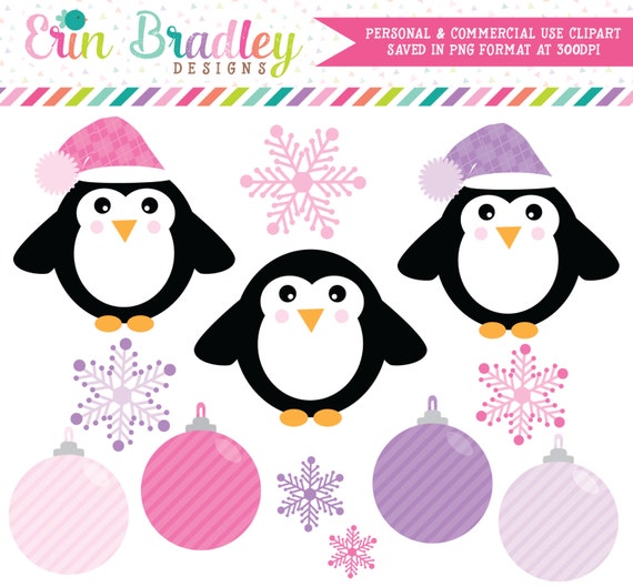 Winter Penguins Clipart with Pink & Purple Snowflakes and Ornament Graphics Il_570xn