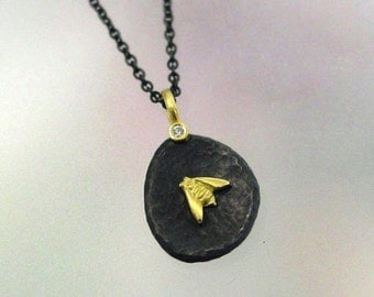 Honey Bee Necklace, Tiny Diamond Bumble Bee Necklace, Small Bee Pendant, Bee Jewelry, Oxidized Sterling Silver, 18k Gold Bee, Made to Order