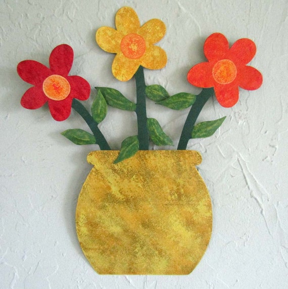 Metal Wall Art Flower Pot Sculpture Red Orange Yellow