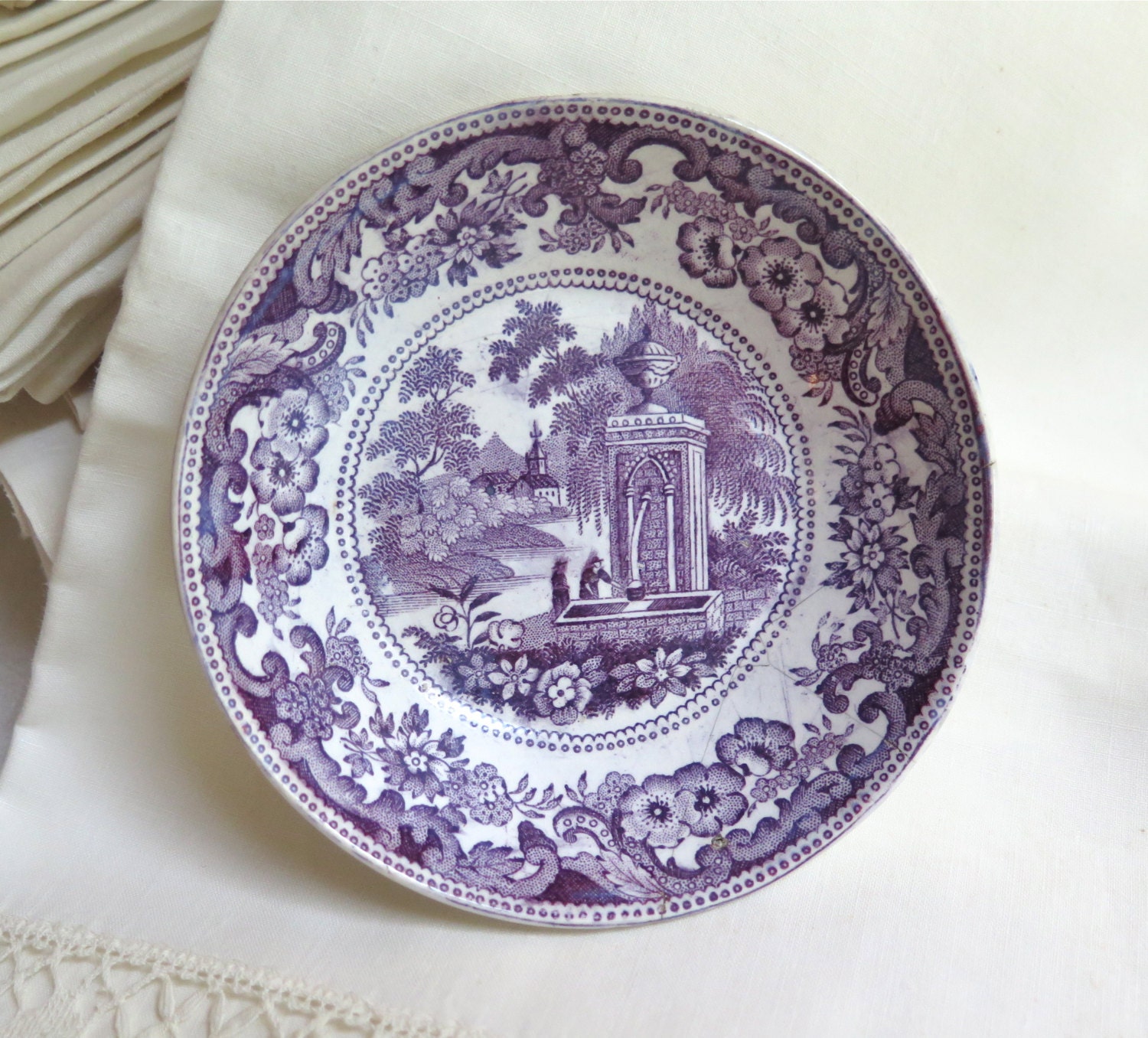 Antique Purple Transferware Bowl/Saucer by Davenport with