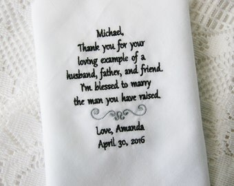 Father of the Groom Gift- Embroidered Handkerchief Choose Your Wording and Design
