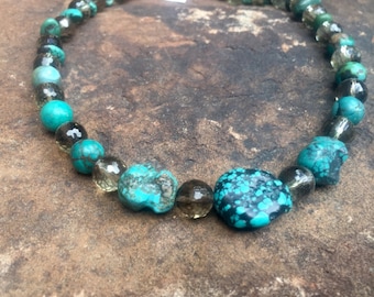 Natural Turquoise and Smokey Quartz Necklace