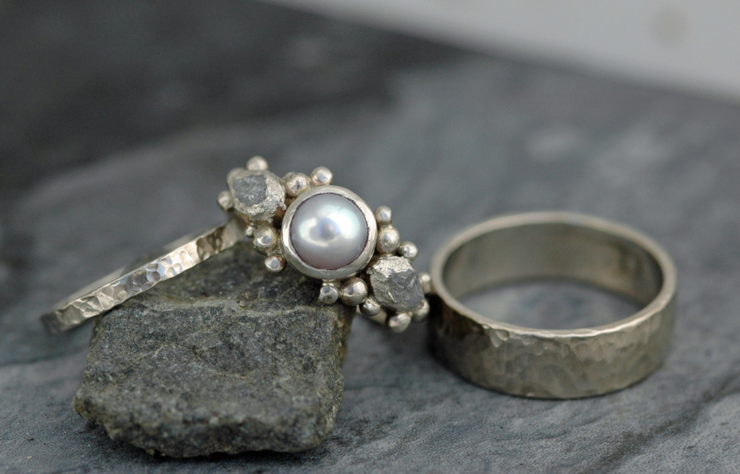 3 ring set 14k white gold engagement ring with rough diamonds and pearl and two wedding bands custom made rough uncut stone bridal set - Pearl Wedding Ring Sets 3 ring set 14k white gold engagement ring with rough diamonds and pearl and two wedding bands custom made rough uncut stone bridal set - Pearl Wedding Ring Sets